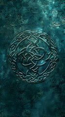 An elaborate Celtic knot pattern emerges from a textured turquoise background, invoking a sense of mystery and history