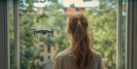 Woman Seeing A UAV Unmanned Aircraft Drone Flying Just Outside The Window of Her House. - 771036562