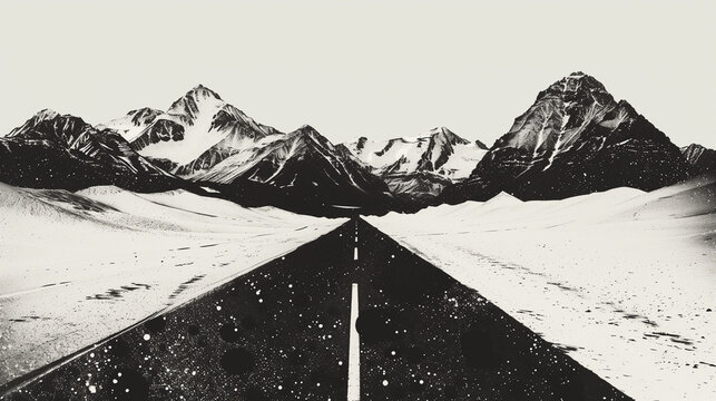 Abstract art background of the road lead to the mountains in black and white
