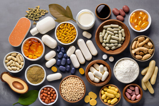 Many different dietary supplements in capsules, tablets and powder interspersed with plant food on a gray background. Top view. AI generative.