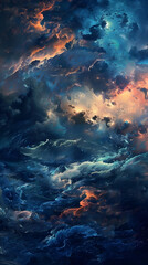 The intense image evokes a sense of awe with vivid orange and blue storm clouds lit by a distant celestial light source