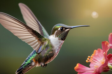Fototapeta premium Hummingbird over a pink hibiscus flower on a green background. AI generative.