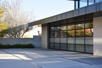 A detailed view of a two-car garage at a modern home. The garage doors are made of glass and steel, reflecting the contemporary design of the house