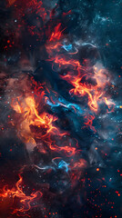 Abstract art showing a chaotic dance of red and blue smoke patterns, symbolizing conflict and serenity