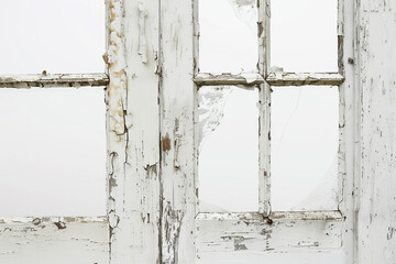 A detailed view of an old window with peeling paint and a broken pane, isolated against a stark white backdrop