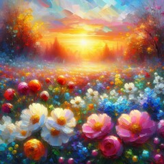 Obraz na płótnie Canvas Scenic landscape of a field of flowers at sunrise.
