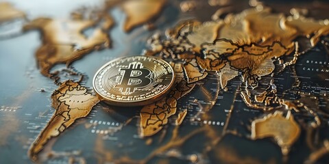 Bitcoins global influence shown by hovering above a world map impacting international trade and finance. Concept Cryptocurrency, Global Economy, International Trade, Financial Markets