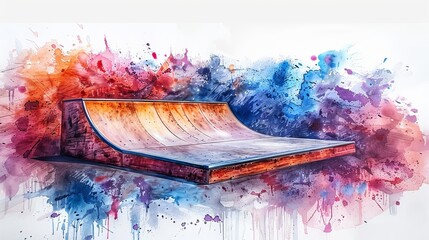 Hand-drawn watercolor artistic painting depicts a halfpipe skateboard ramp, portraying a wide and empty side view as a dynamic border or creative design element. - obrazy, fototapety, plakaty