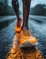 Las brillantes zapatillas naranja de un corredor cortan un día lluvioso, salpicando vida en el gris, un vibrante testimonio del espíritu incansable del atleta dedicado. - obrazy, fototapety, plakaty