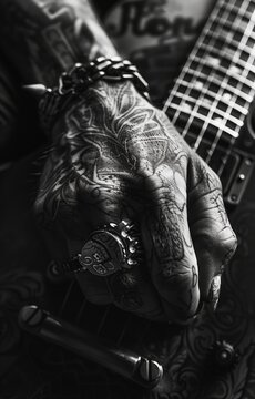 Una sinfonía de tinta y metal, esta mano irradia la esencia cruda de la música, cada línea tatuada y accesorio de plata una nota en la melodía visual que hace eco del alma del rock.