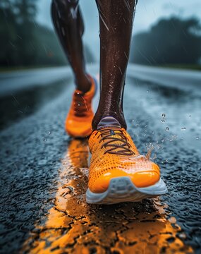 Las brillantes zapatillas naranja de un corredor cortan un día lluvioso, salpicando vida en el gris, un vibrante testimonio del espíritu incansable del atleta dedicado.