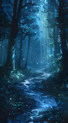 Whimsical digital painting of a forest pathway illuminated by soft glowing light