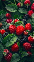 An assortment of ripe red raspberries and blackberries with lush green leaves in a close composition