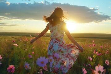 A beautiful young woman in a sun dress, dancing in a field of flowers and grass, with the sun set behind her. - obrazy, fototapety, plakaty