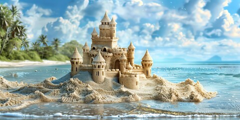 Sand castle at the beach with a palms