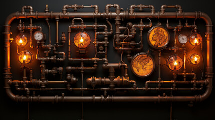 Vintage Steampunk Gauges and Glowing Globes on Pipes - obrazy, fototapety, plakaty