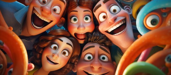 A group of cartoon characters with big smiles, exaggerated noses, prominent chins, expressive eyebrows, and cartoonish mouths are posing together for a picture, showcasing their unique art style - obrazy, fototapety, plakaty
