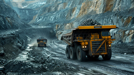 Coal Dump Trucks in an Open Cut Coal Mine, Dump truck carting coal through open cut mine in the hunter valley, Generative Ai  - obrazy, fototapety, plakaty