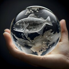 hand holding a earth glob with fish  - obrazy, fototapety, plakaty
