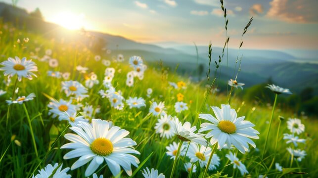 A beautiful meadow landscape filled with flowers and rolling hills in the horizon.
