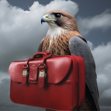 A red falcon looking for a job with a briefcase 