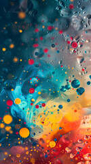 Bright and abstract close-up of an oil and water mixture with vivid colors and dynamic forms
