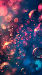 Mesmerizing array of bubbles floating against a colorful, bokeh-light-filled background creating a dreamy effect