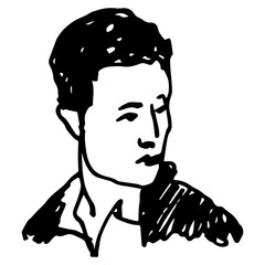 Head of a handsome young man. Male portrait. Hand drawn linear doodle rough sketch. Black and white silhouette.