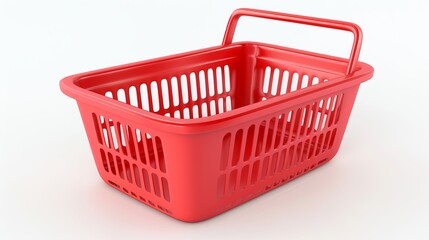 In this 3D illustration, a red empty shopping basket is isolated against a white background, representing the supermarket and groceries shopping concept.