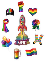 Collage set of LGBT conceptual stickers over white transparent background. Balloons, beer, cap, hear, rose, socks, flag