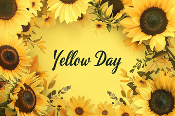 Yellow Day banner with sunflowers frame over yellow background