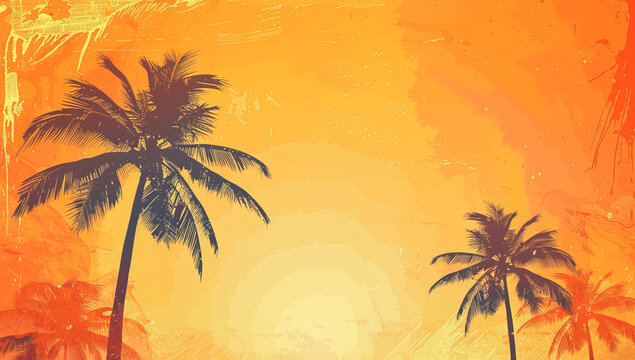 Orange and yellow background with palm trees silhouette with copy space for text. Illustration banner summer vibes