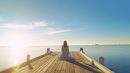 The woman is sitting on the pier. Self reflection. Bright sun in the blue sky. AI generated - obrazy, fototapety, plakaty