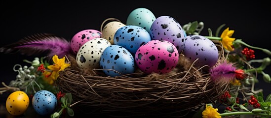 A bird nest made of twigs, filled with colorful Easter eggs and flowers, set on a grassy table with natural materials creating a beautiful still life photography scene