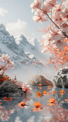 Enchanting digital artwork of delicate Sakura blossoms over a serene mountain lake, radiating tranquility and the beauty of nature