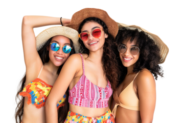 Three young women ready for summer vacations over isolated transparent background