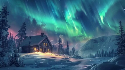 Cabin in the Woods With Aurora Borealis