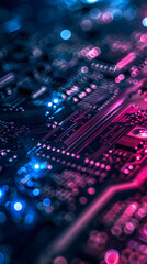 Obraz premium Close-up of circuit board with neon blue and pink lights highlighting the intricacies of electronics