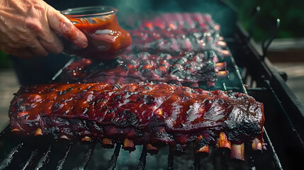Chef basting barbecue sauce over baby back pork ribs on a wood pellet smoker grill - obrazy, fototapety, plakaty