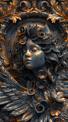 A detailed golden sculpture of a face surrounded by intricate floral patterns and baroque textures