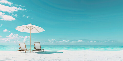 Two beach chairs under umbrella in Pacific Island white sand beach. Summer vibes, Dream vacations, Travel concept