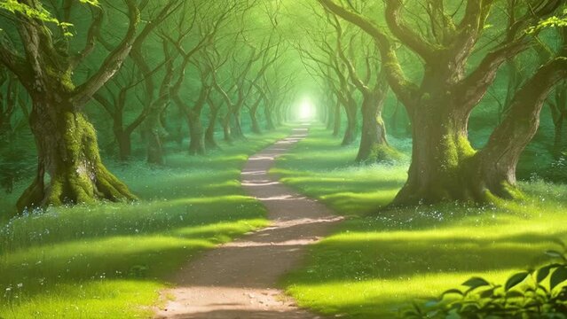 A mysterious path in a fairy-tale green forest. Animation with zoom effect. High quality 4k footage