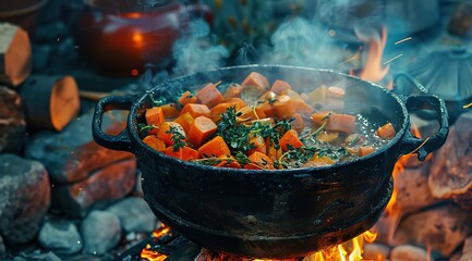 a large pot of cooked vegetables over an open fire