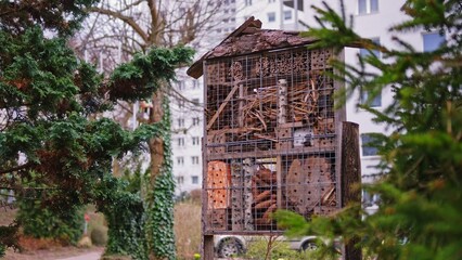 Wooden Bug Hotel Shelter for Insects for Fostering Biodiversity in Urban Areas