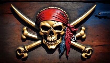 Pirate 3d symbol with skull, red bandana and bones on stone background, fantasy, steampunk, vintagem horror, adventure, caribbean - obrazy, fototapety, plakaty