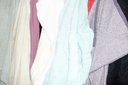 Colourful fluffy and soft towels with hard direct flashlight