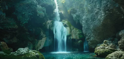  A breathtaking waterfall cascading down moss-covered rocks into a crystal-clear pool. © baseer
