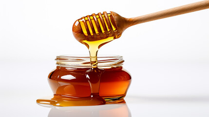 Honey in a transparent glass jar with a honey spoon on a white background. Passover.