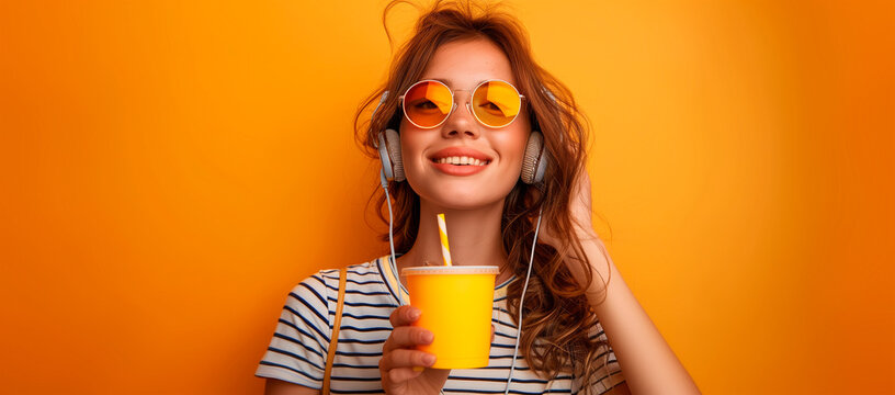 Young woman drinking a refreshing coffee, listening music with headphones and wearing sunglasses enjoying the summer, image with orange background