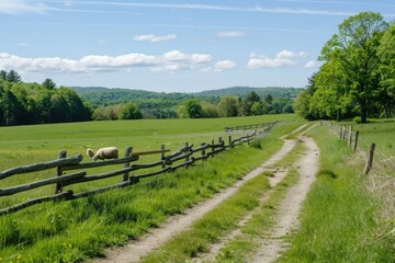 Green field sown with wheat, barley, grain crops. Field road. village fence